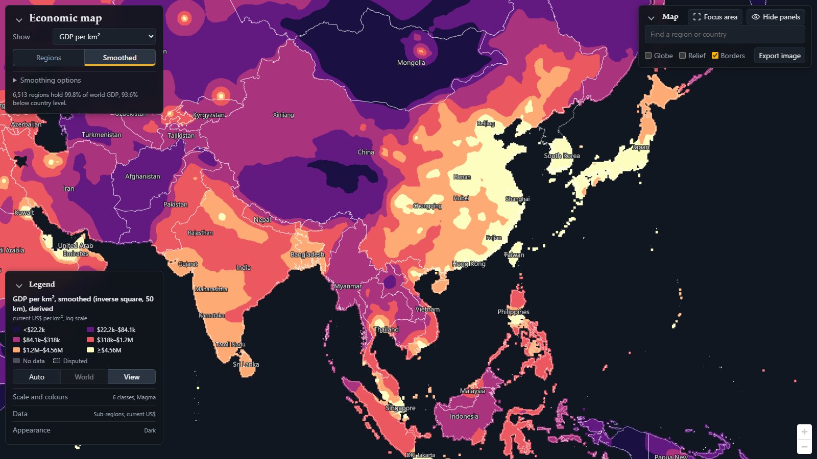 China, India, Japan and South-East Asia, smoothed over 50 km in six classes, colours fitted to the view.