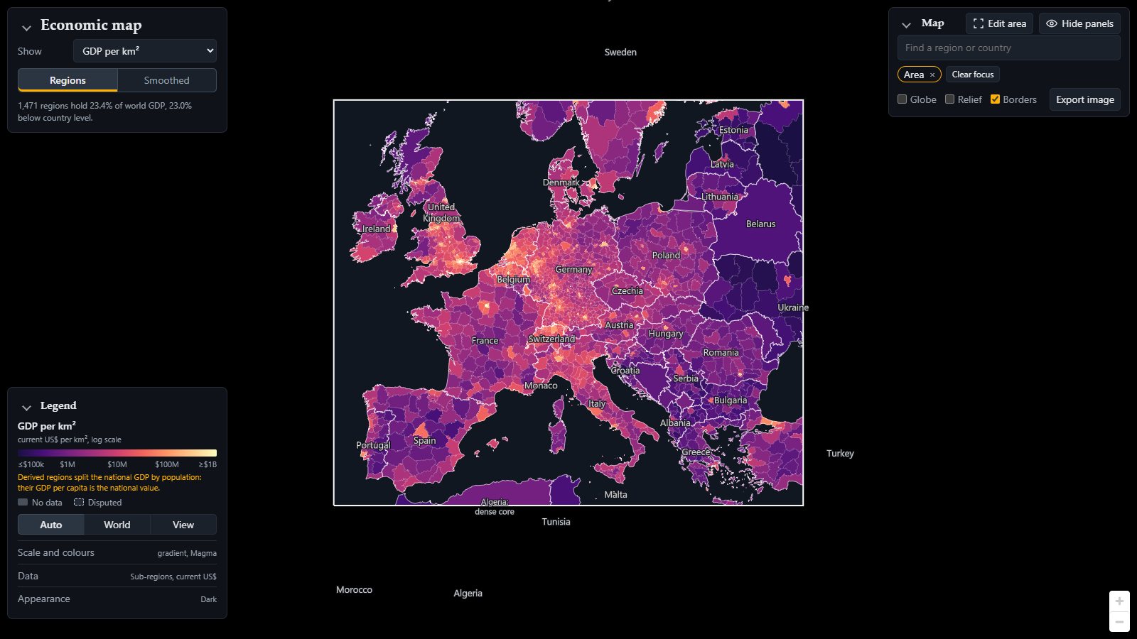 Focus on Europe, GDP per km² at NUTS3 level, gradient, colours fitted to the box.