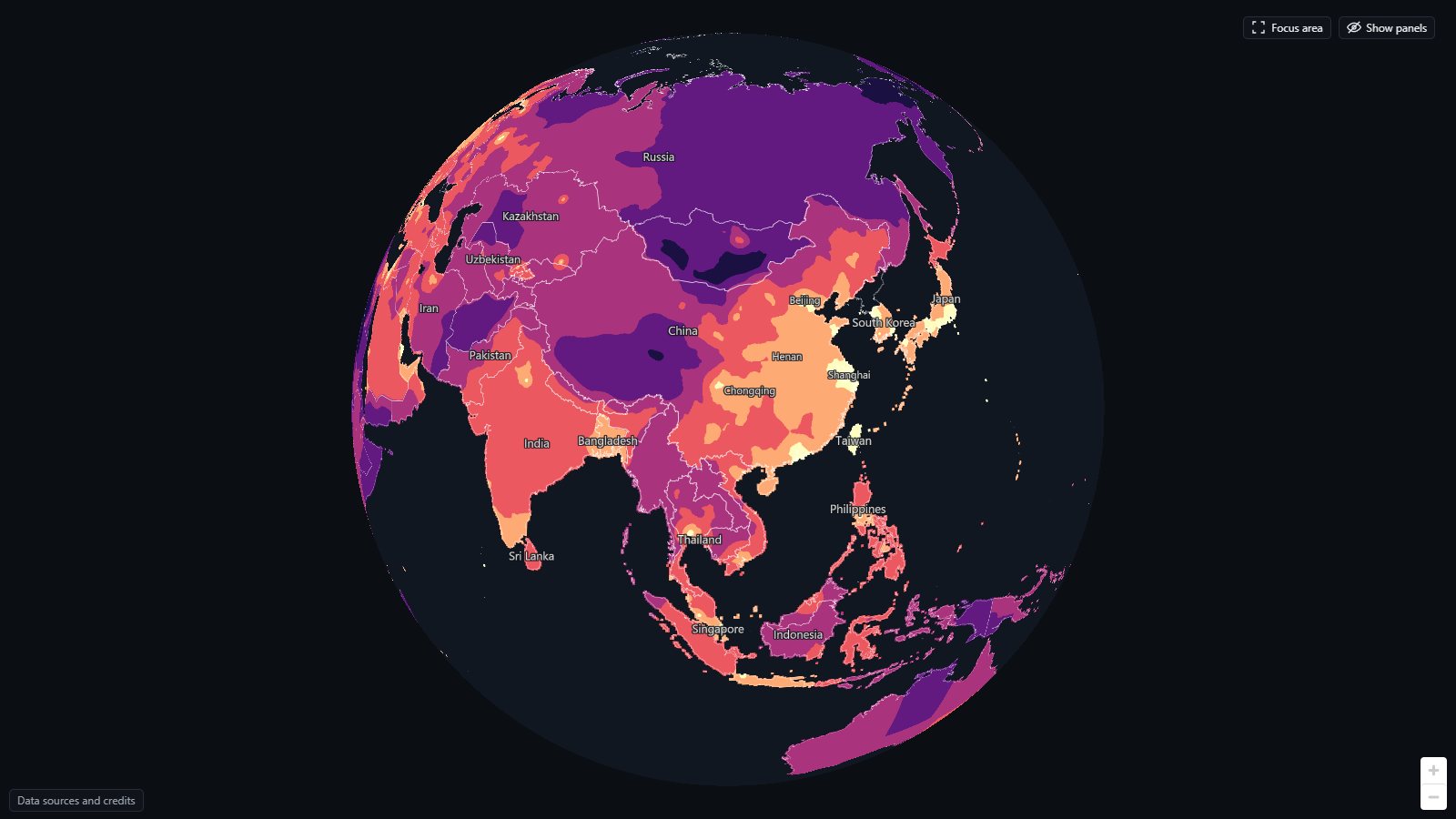 The smoothed surface on the globe, centred on Asia.