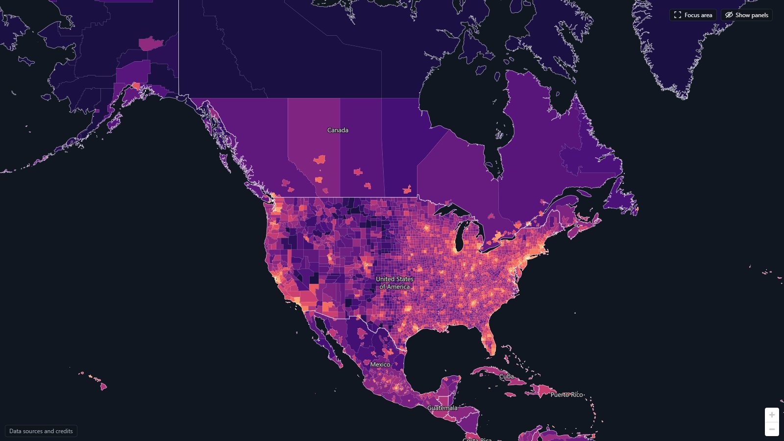 The finest level published in North America: US counties, Canadian provinces with metro areas, Mexican metropolises.