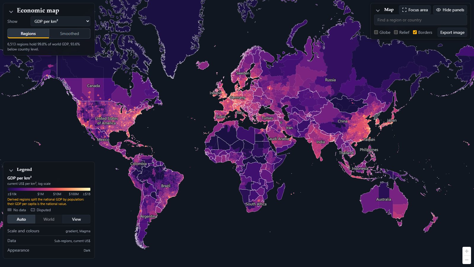 GDP per km² of 6,513 regions. Each shape is a country or, where statistics exist, a region below it; colour is logarithmic from 10,000 to a billion dollars per km² and year.